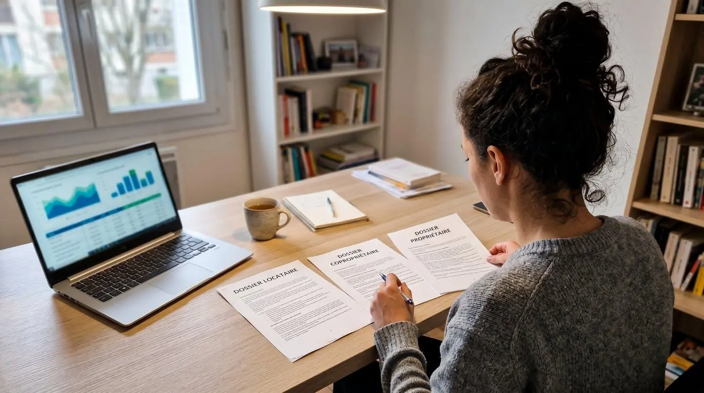 Personne de dos à son bureau de maison au Québec comparant côte à côte trois documents de couverture d'assurance habitation distincts