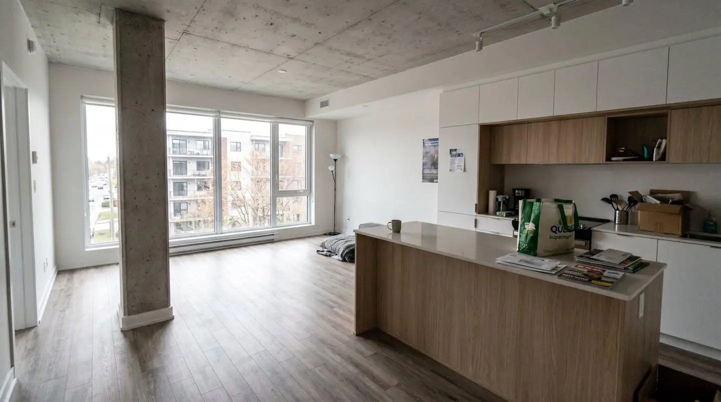 Espace de vie contemporain vide d'un condo à Laval montrant l'intersection entre la structure du bâtiment et les éléments personnels de l'occupant