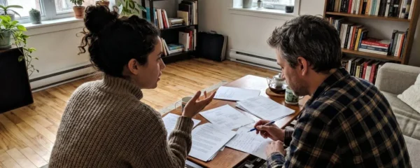 Deux personnes assises à une table basse consultent des documents d'assurance dans un salon contemporain lumineux à Montréal
