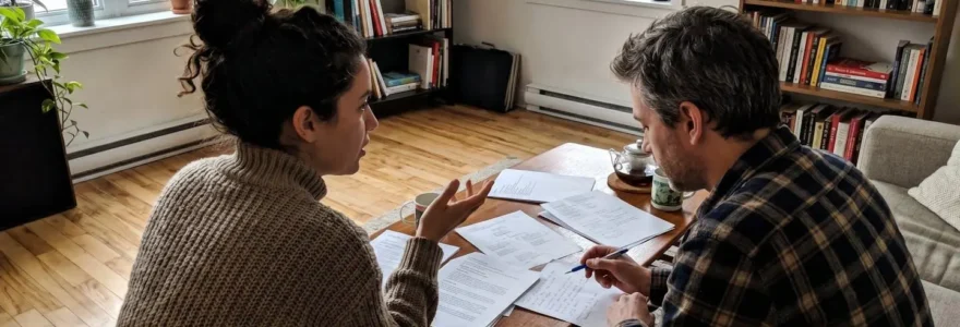 Deux personnes assises à une table basse consultent des documents d'assurance dans un salon contemporain lumineux à Montréal