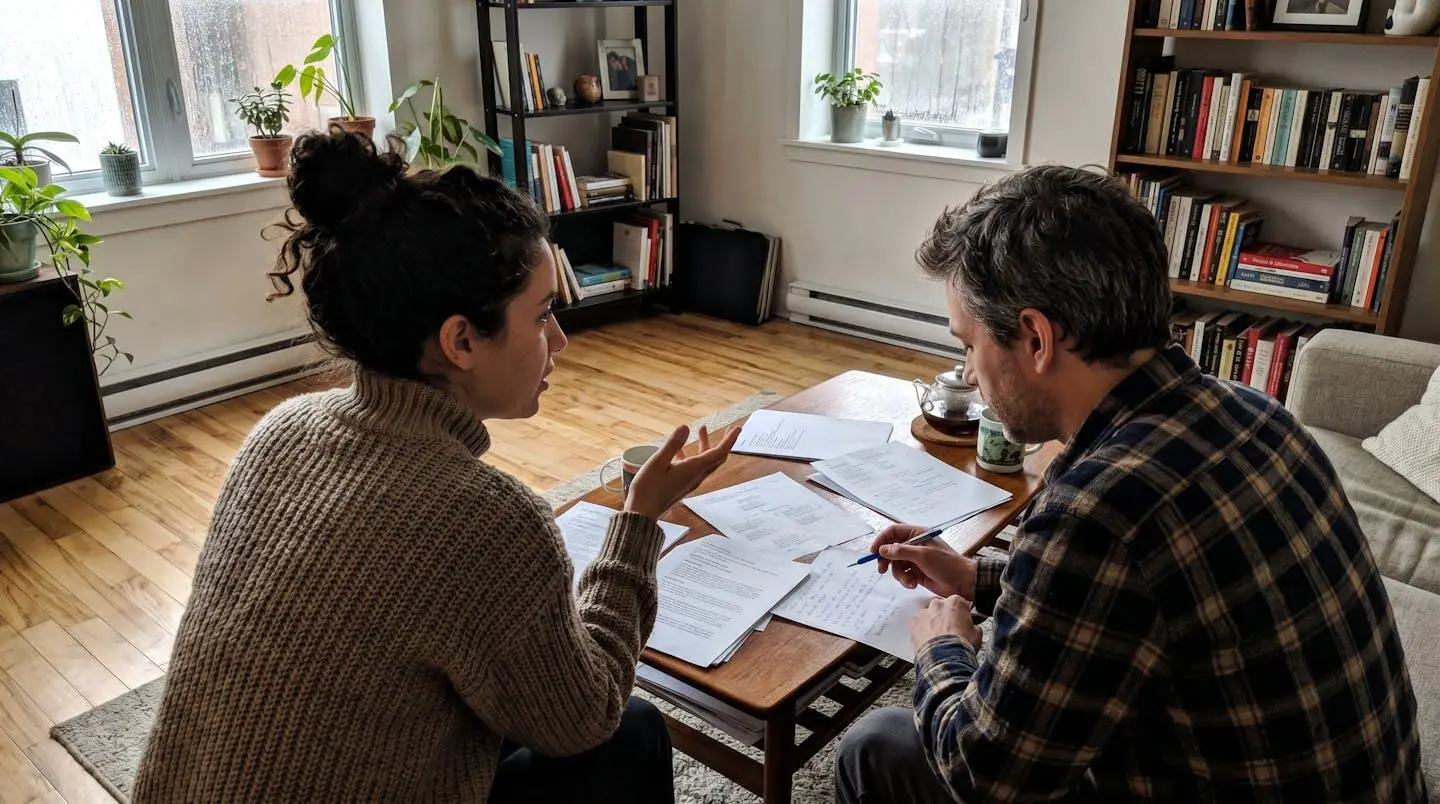 Deux personnes assises à une table basse consultent des documents d'assurance dans un salon contemporain lumineux à Montréal