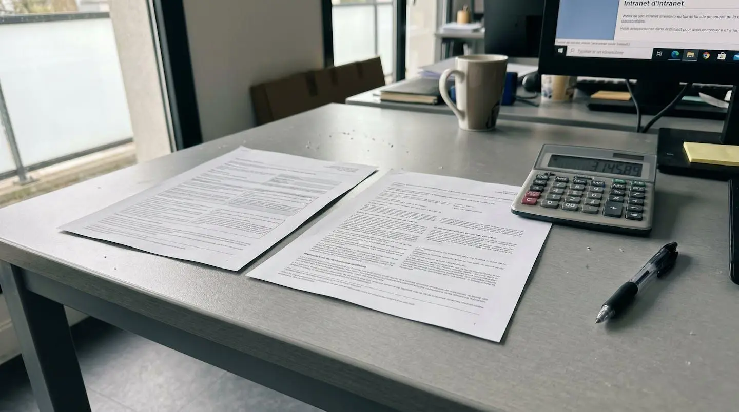 Gros plan sur des mains tenant des documents d'assurance et un stylo posé sur une table en bois, avec une calculatrice visible au premier plan, lumière naturelle latérale