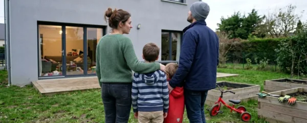 Un couple souriant avec deux enfants devant une maison individuelle moderne en fin de journée, lumière naturelle douce