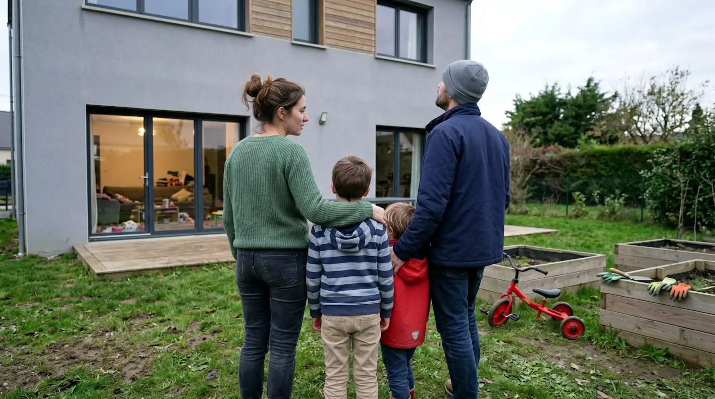 Un couple souriant avec deux enfants devant une maison individuelle moderne en fin de journée, lumière naturelle douce