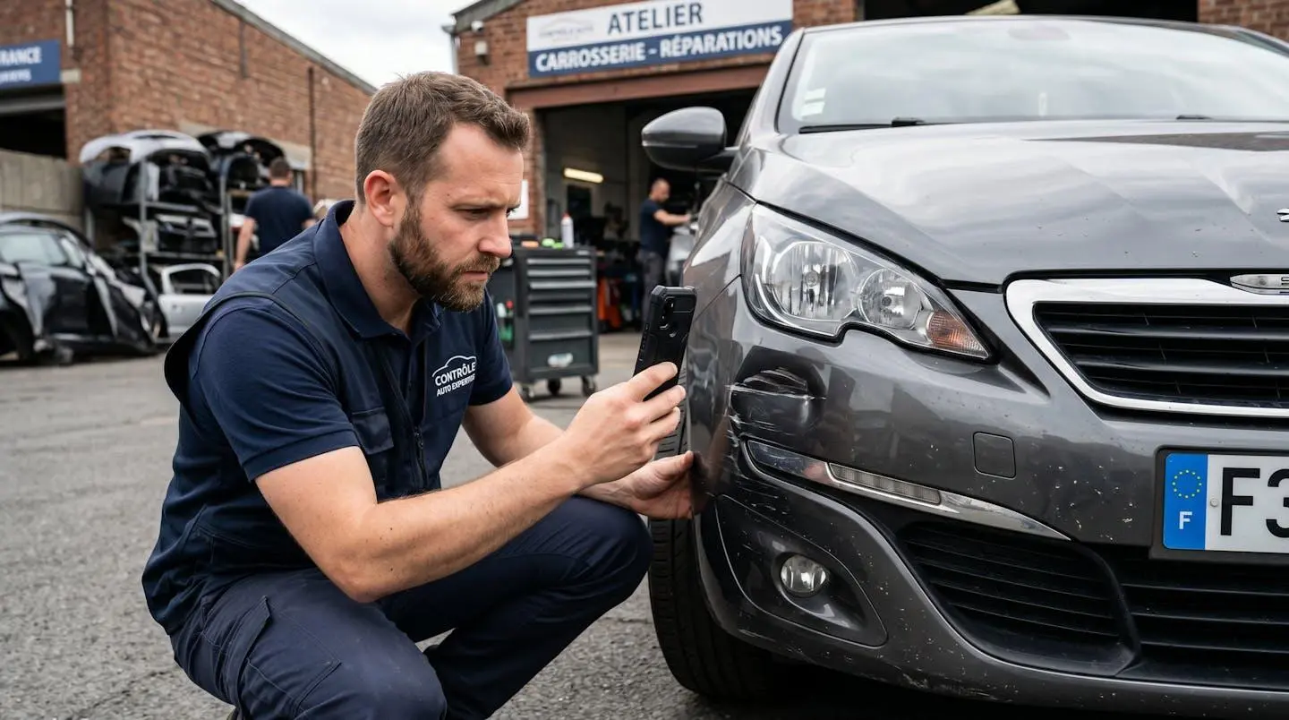 Expert automobile examinant et documentant les dommages sur la carrosserie d'un véhicule à l'aide d'une tablette dans un atelier extérieur
