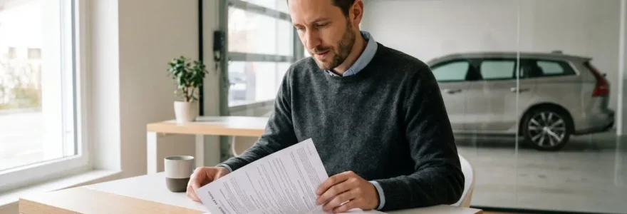 Personne consultant un contrat d'assurance automobile sur un bureau moderne, avec un véhicule visible en arrière-plan dans une agence lumineuse