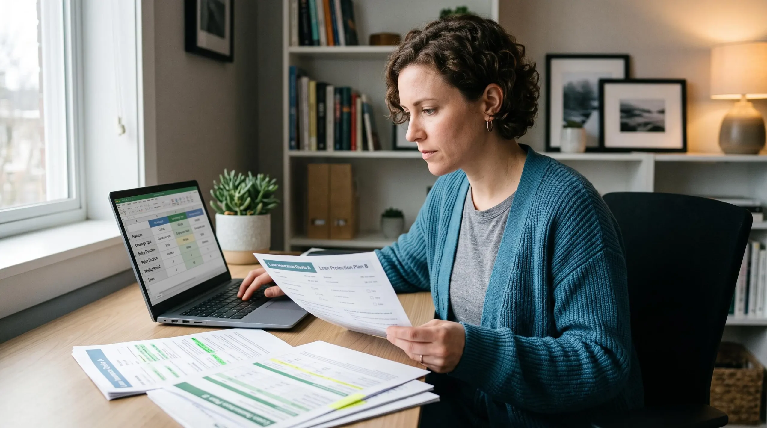 Une personne compare différentes offres d'assurance emprunteur en utilisant un ordinateur et des documents papier sur son bureau