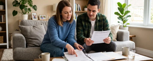 Un couple consulte des documents d'assurance de prêt immobilier dans leur salon, assis ensemble sur un canapé dans une ambiance rassurante