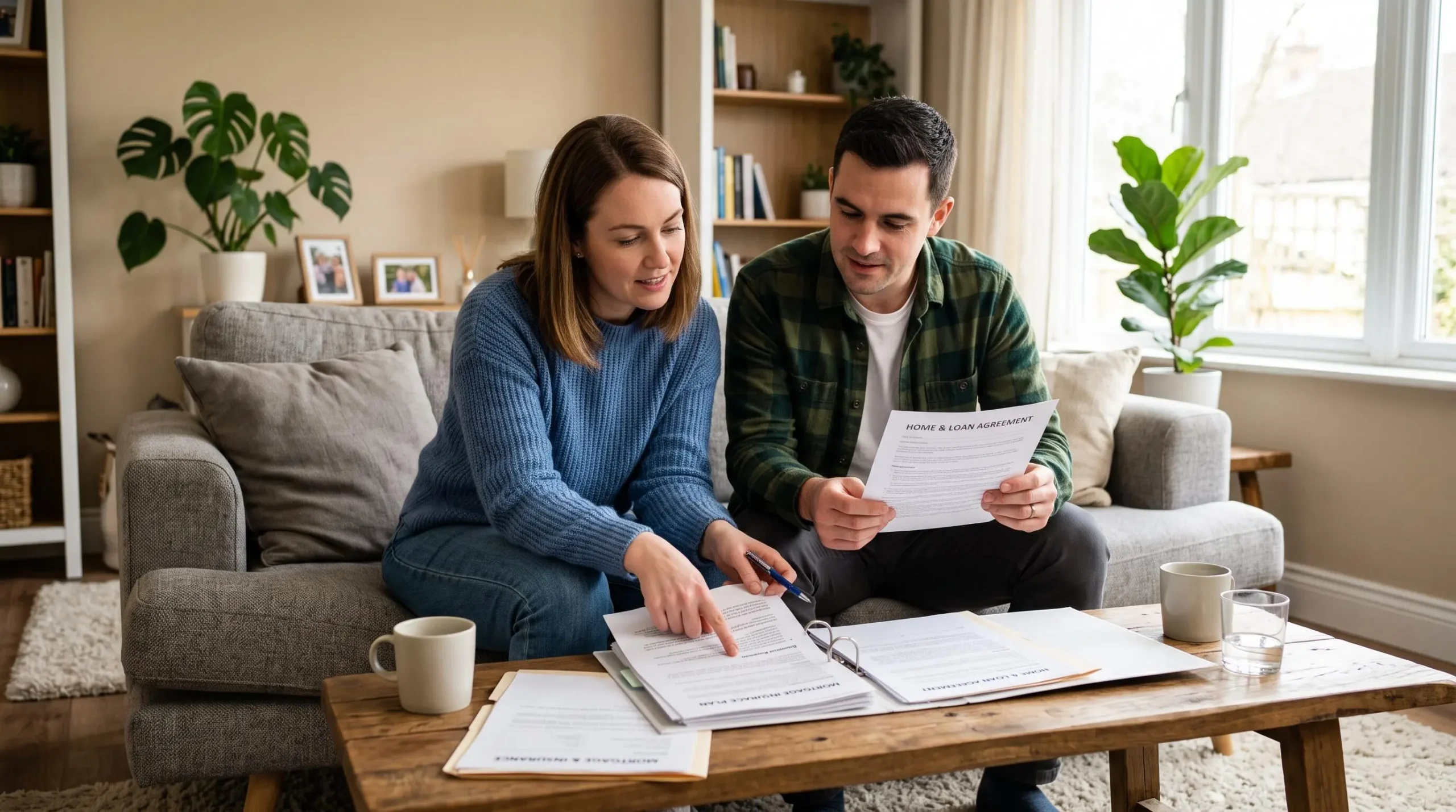 Un couple consulte des documents d'assurance de prêt immobilier dans leur salon, assis ensemble sur un canapé dans une ambiance rassurante
