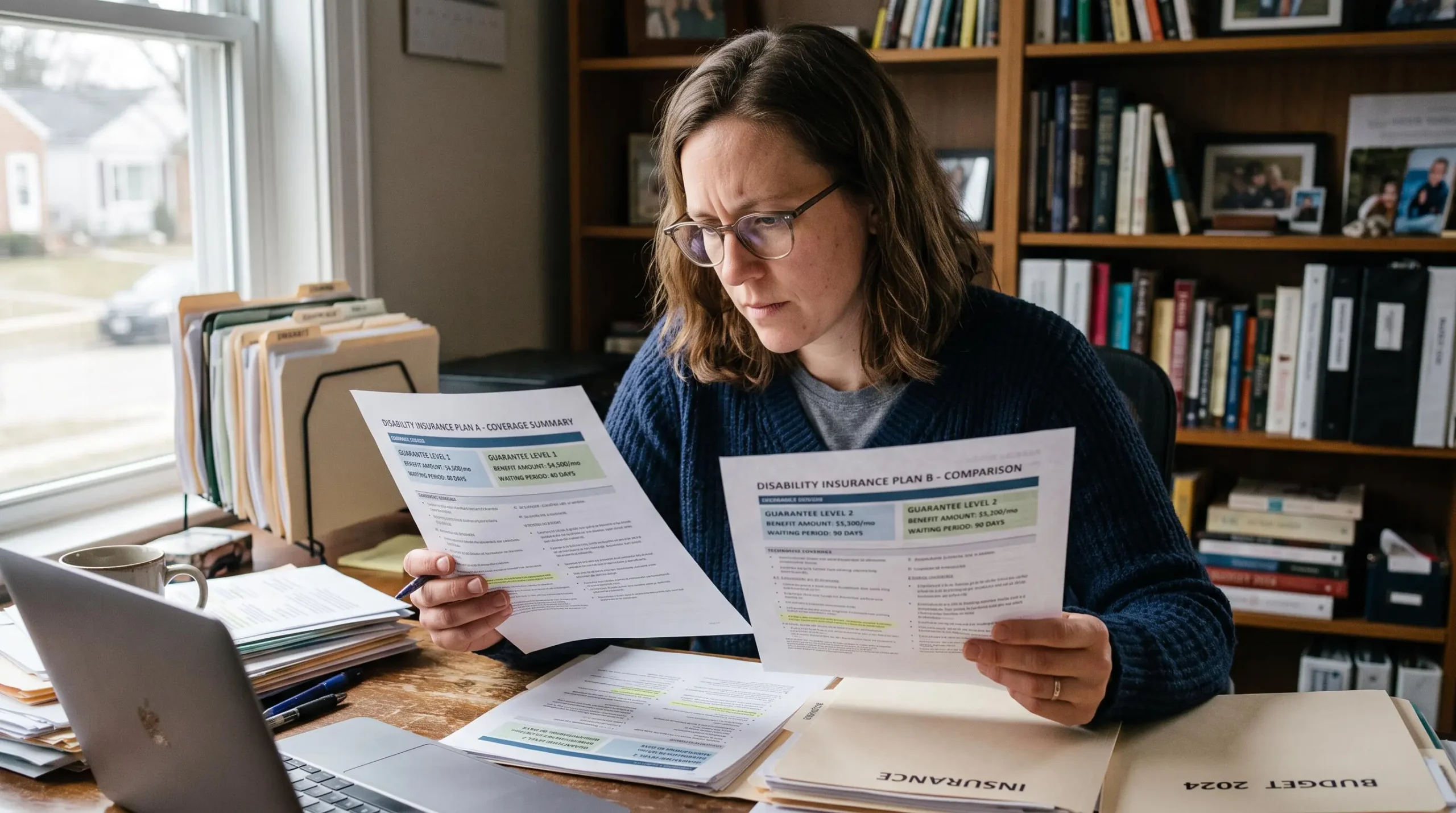 Une personne examine attentivement plusieurs documents de garanties invalidité d'assurance emprunteur sur un bureau
